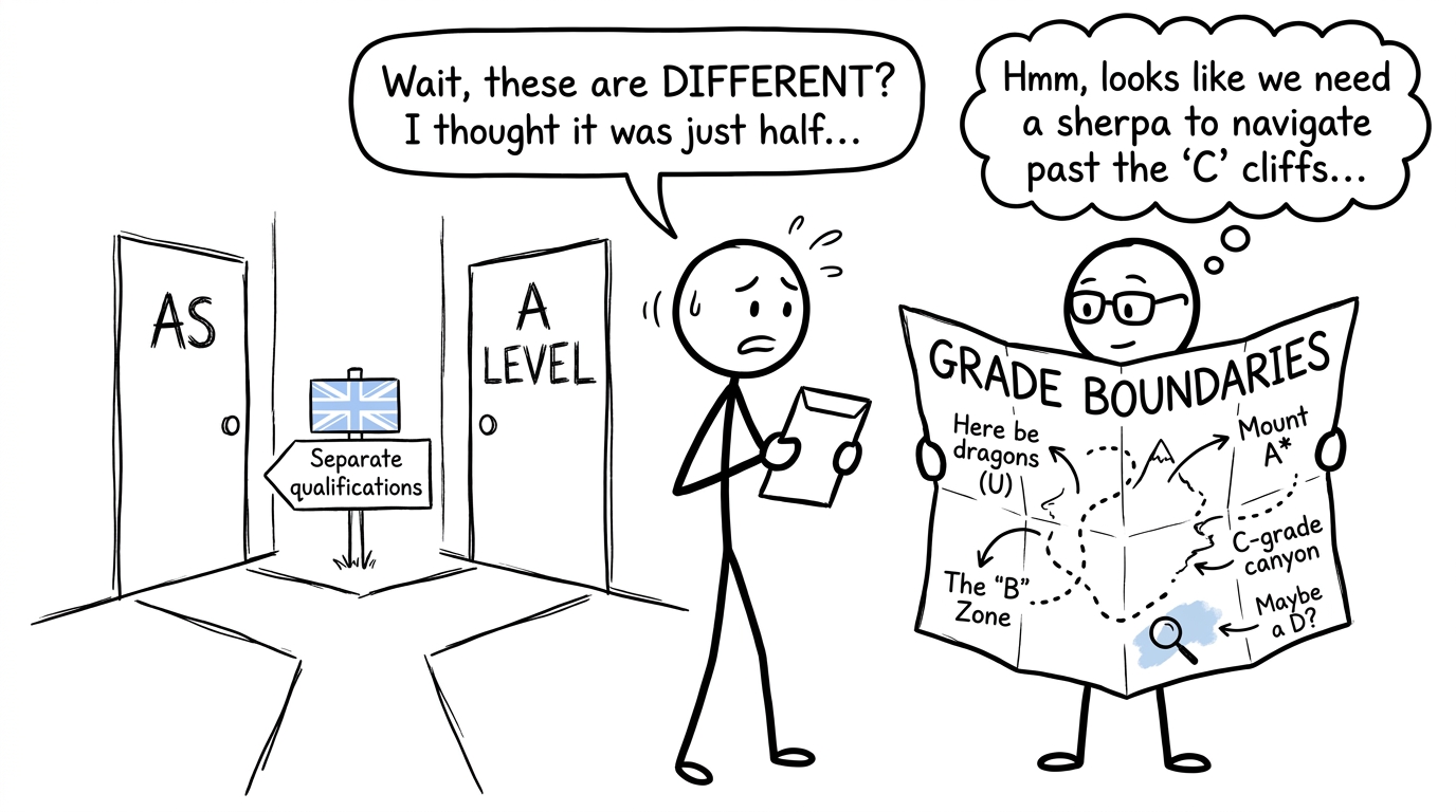 A student choosing between separate AS and A-Level qualification doors