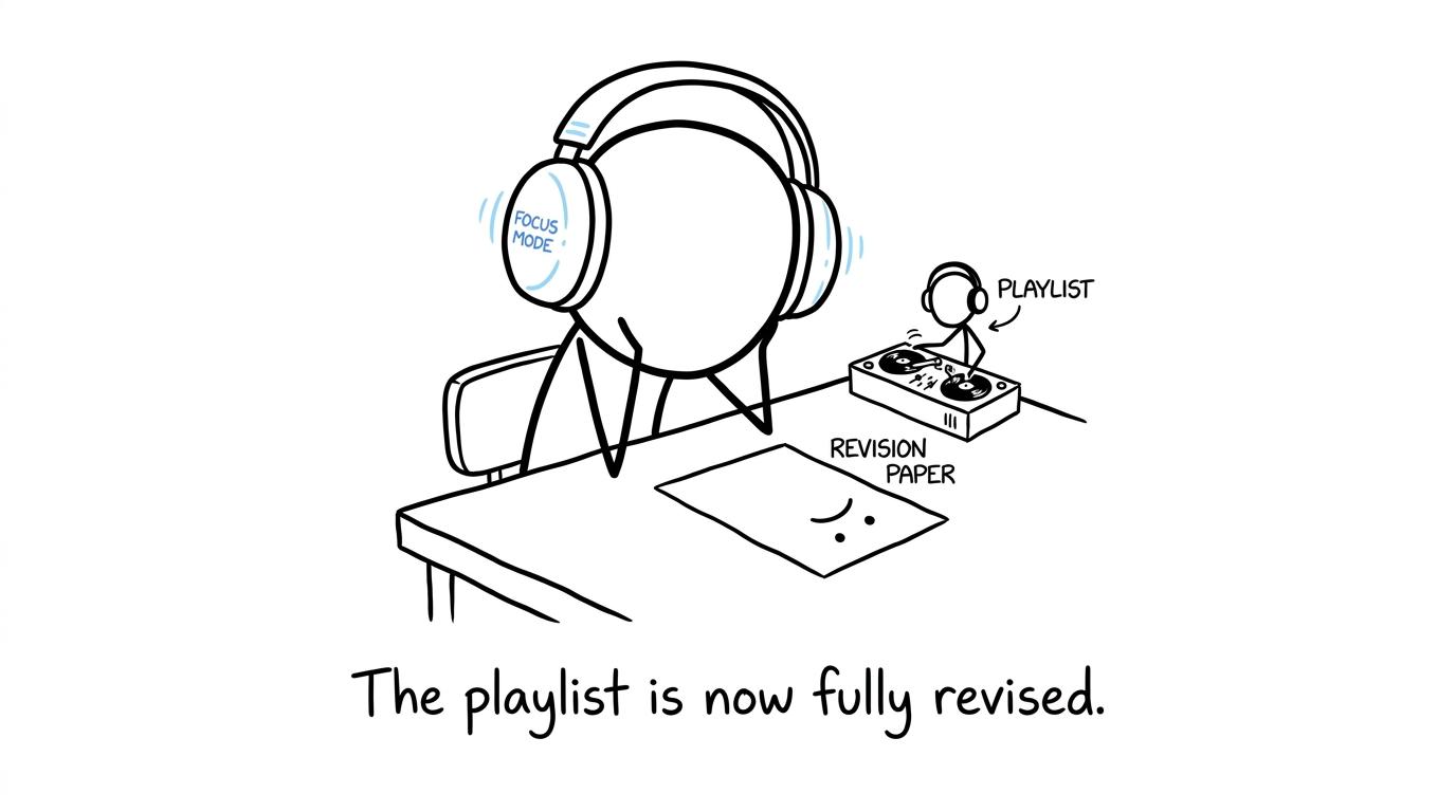 A student perfects a focus playlist while the revision paper waits