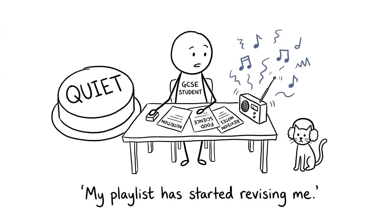 A student deciding between silence and a revision playlist while a cat wears ear defenders