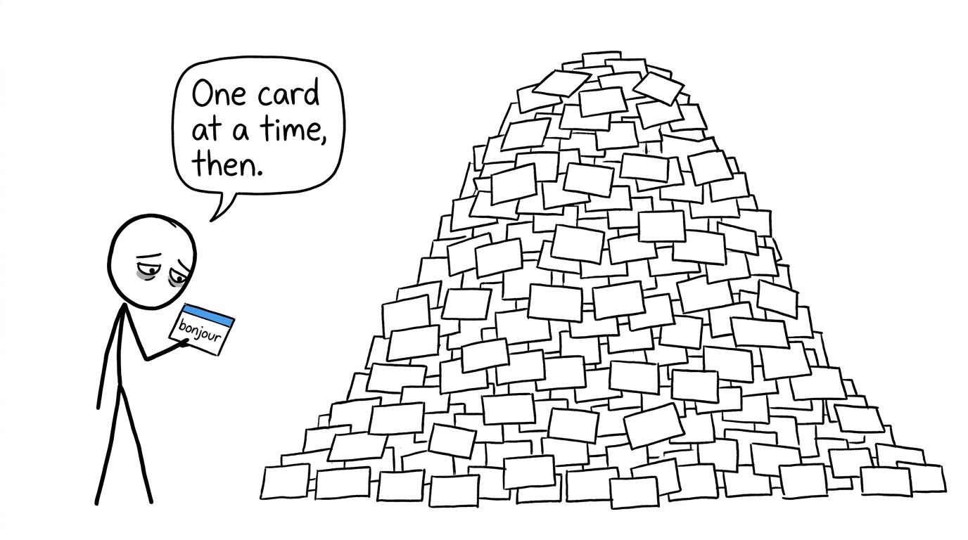 A student facing a mountain of French flashcards and deciding to take one card at a time