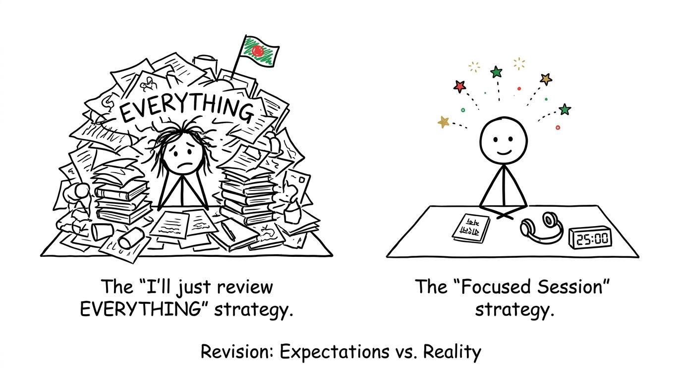 One focused revision desk wins against an absurd mountain labelled Everything
