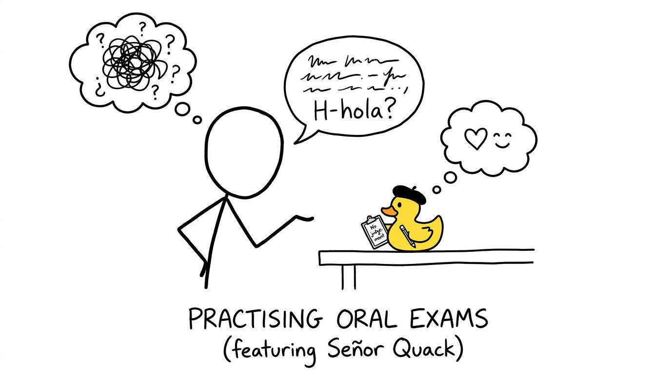 A student practising Spanish with a reassuring rubber duck