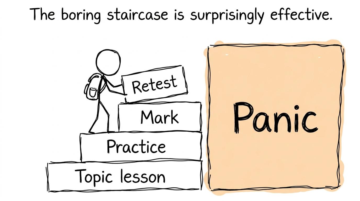 A calm revision staircase beside an unused block of panic