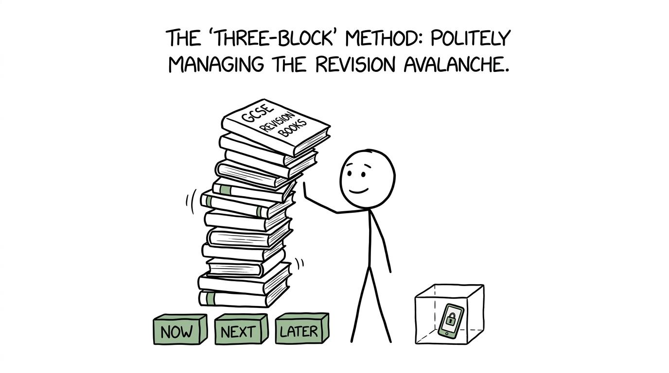A stack of revision books controlled by Now, Next and Later planning blocks