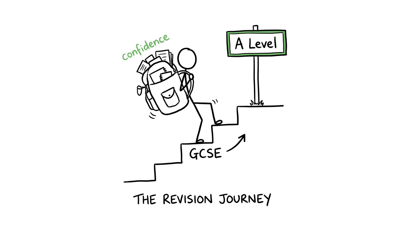 A student carrying confidence up the staircase from GCSE to A Level