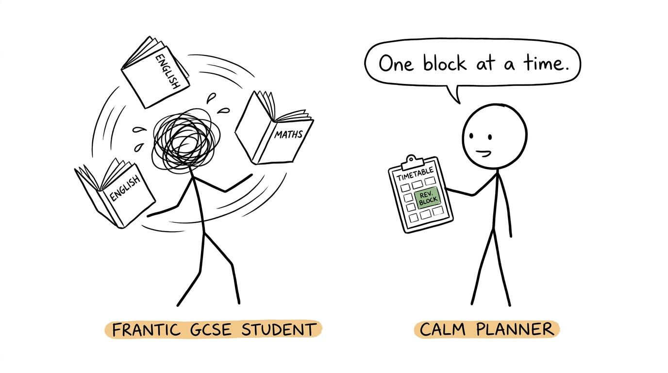 A student juggling English and maths while a revision planner recommends one block at a time