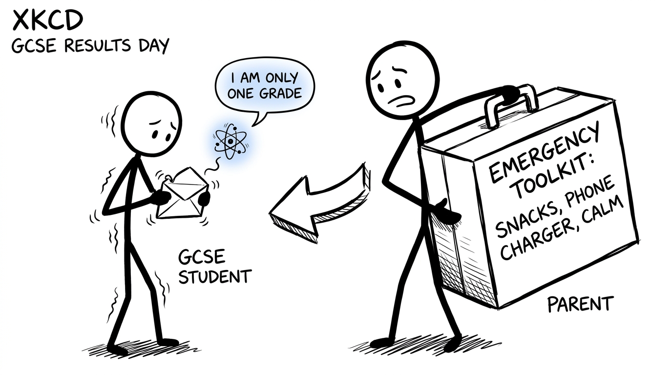 A GCSE student opening a results envelope beside a reassuringly overprepared parent