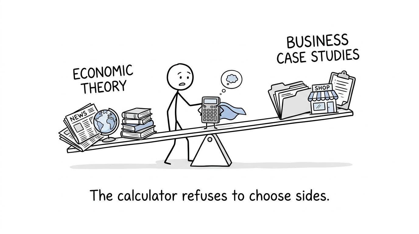 A calculator balancing economic theory and business case studies