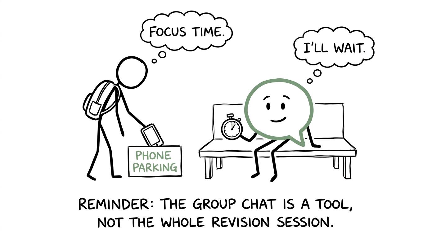 A group-chat bubble waiting while a phone is parked for independent revision