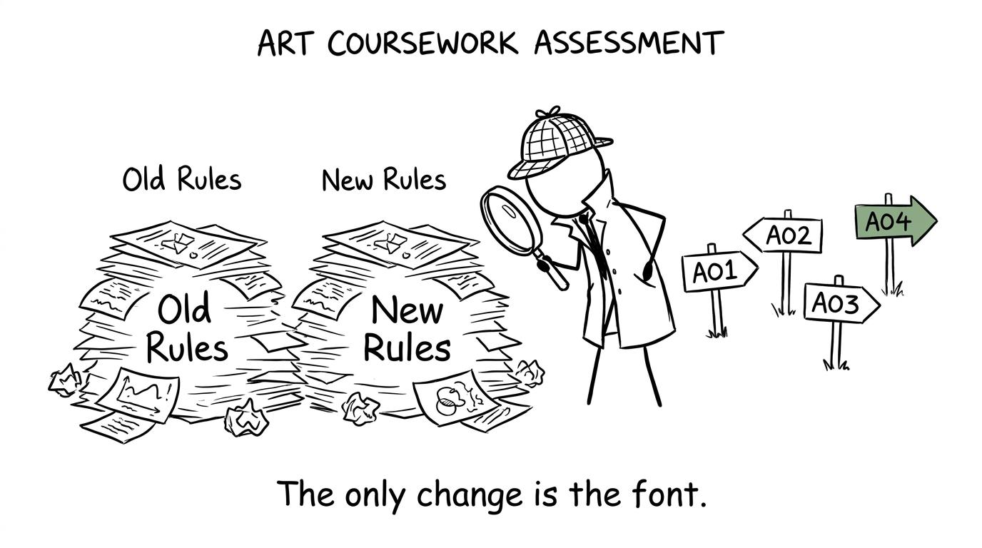 A student detective comparing old and new coursework rules while four assessment-objective signposts point forward