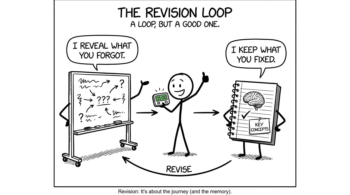 A whiteboard reveals forgotten knowledge while a notebook records the corrections