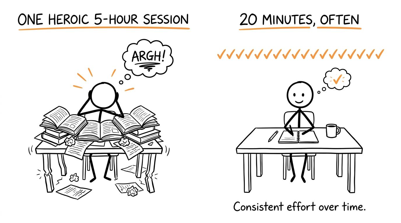 A calm student chooses frequent short practice over one heroic revision marathon