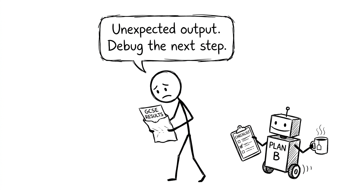 A student debugging an unexpected exam result with help from a tiny Plan B robot