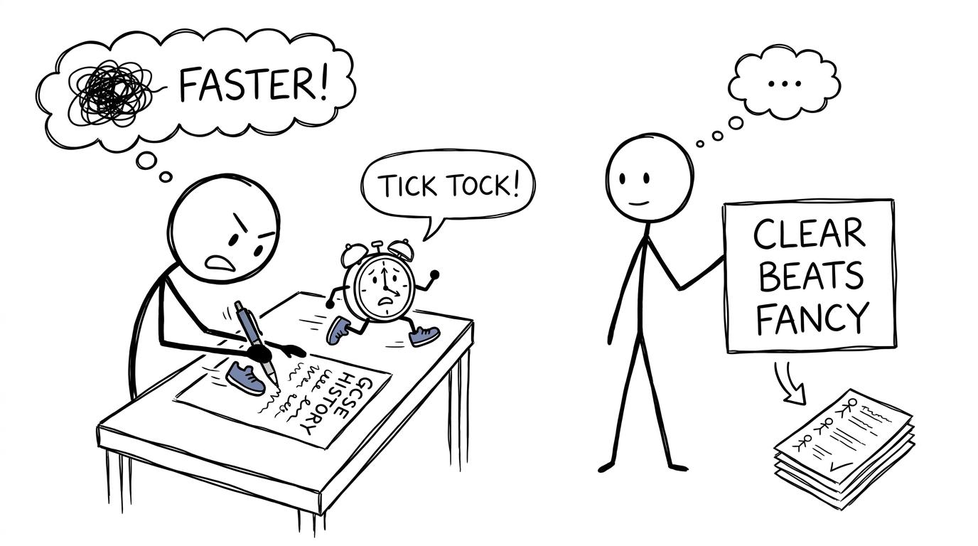 A student's pen races an exam clock while an examiner values clarity