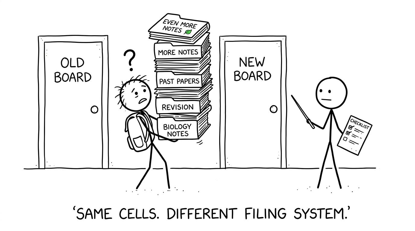 A student choosing between old and new exam-board folders