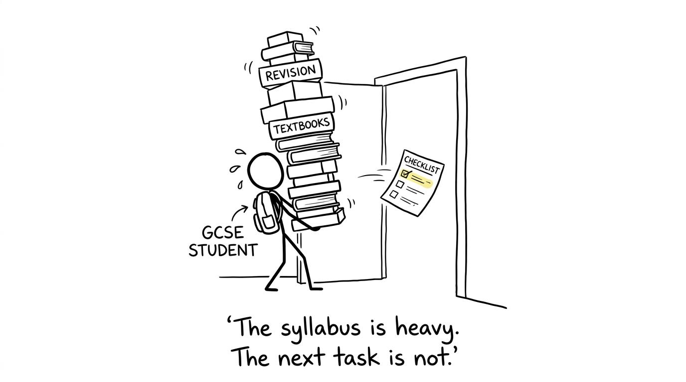 A checklist takes the sensible route while a student carries every revision book at once