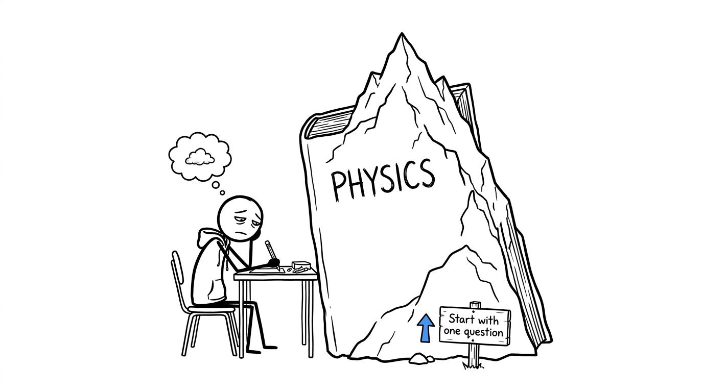 A student treating a Physics book as a mountain and starting with one question