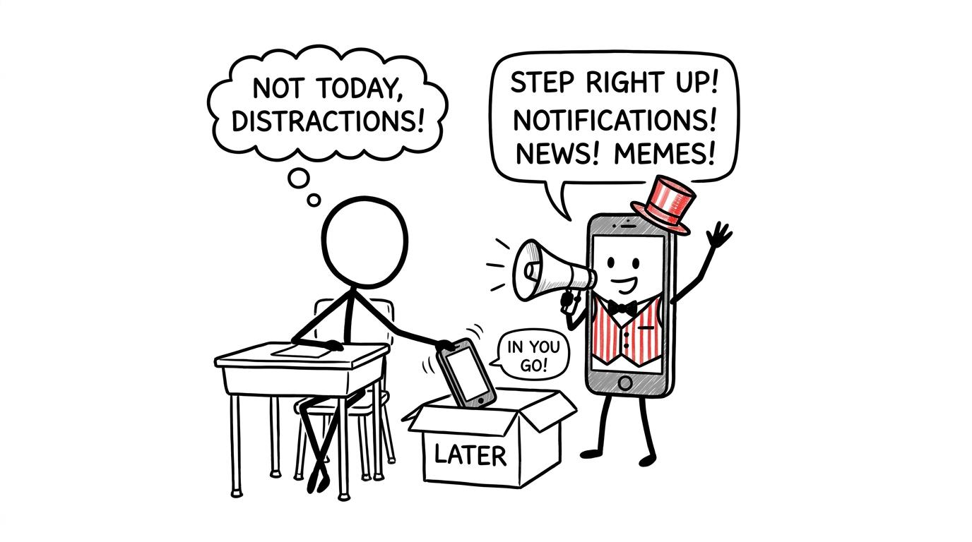A determined student puts a notification-loving phone into a box labelled Later