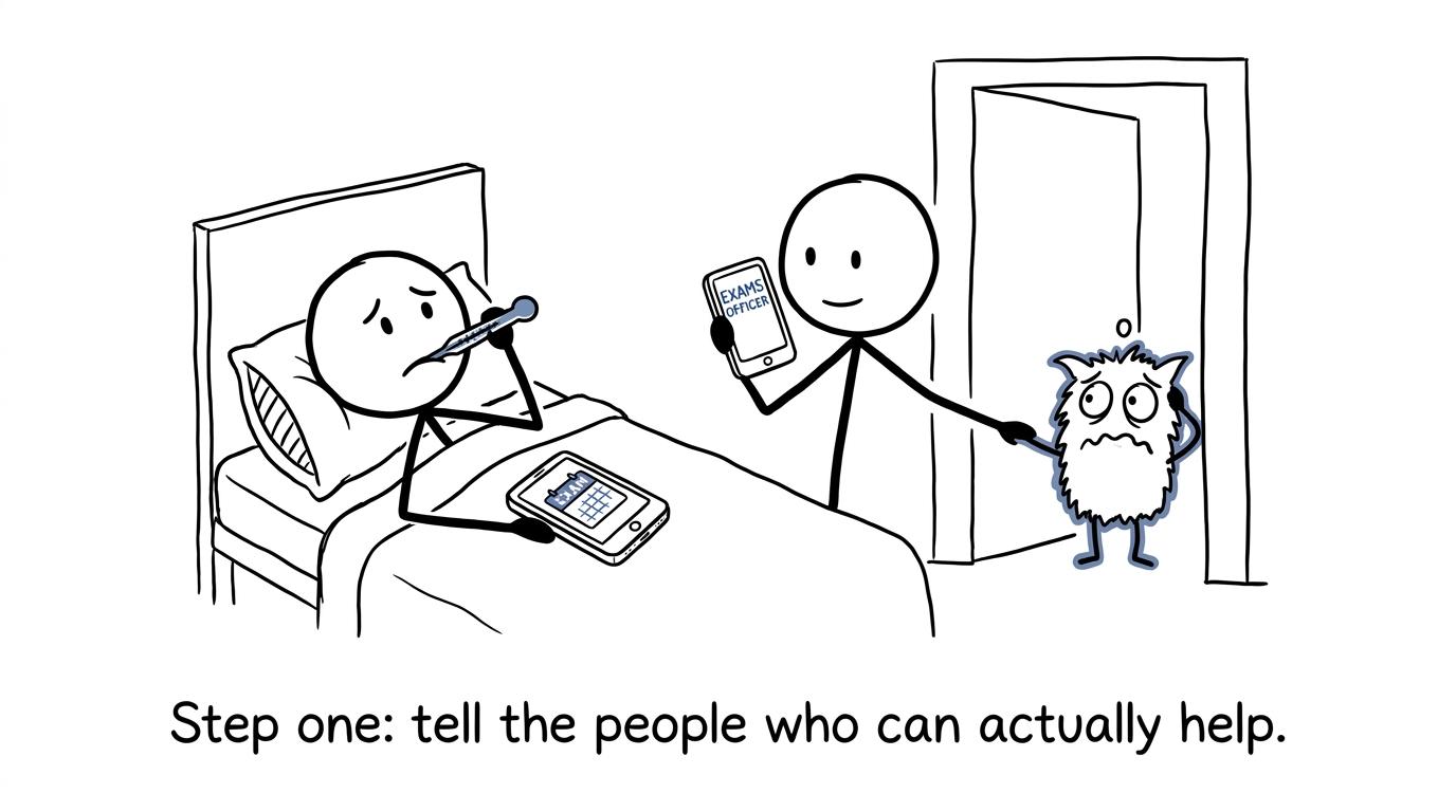 An ill student contacts the exams officer while the panic monster leaves