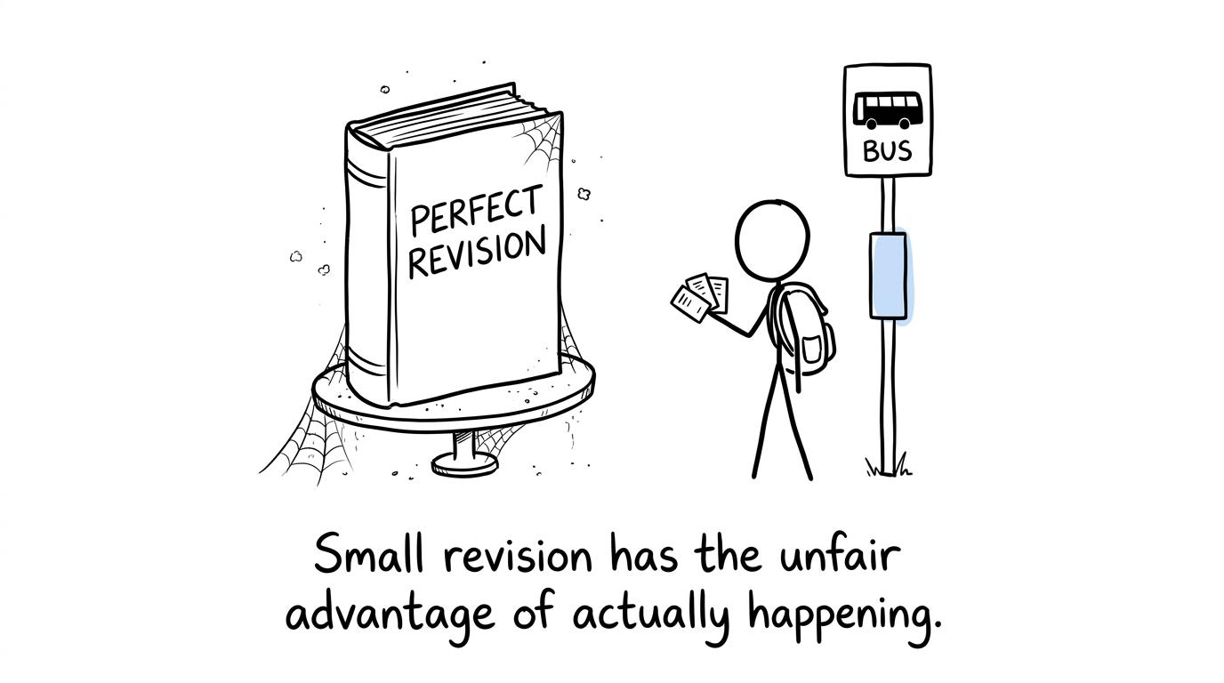 A student using tiny flashcards while a perfect revision book gathers dust