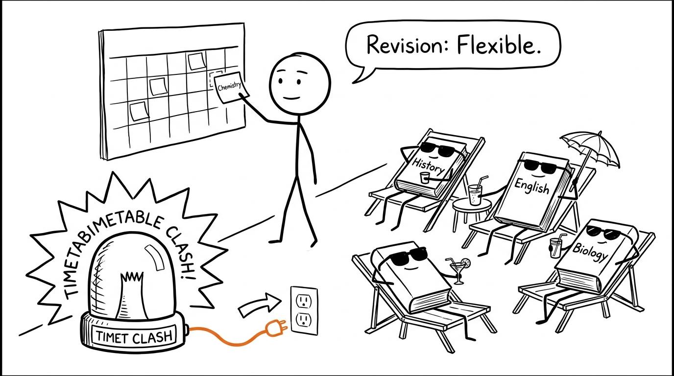 A student calmly moves Chemistry while unplugging the timetable clash alarm