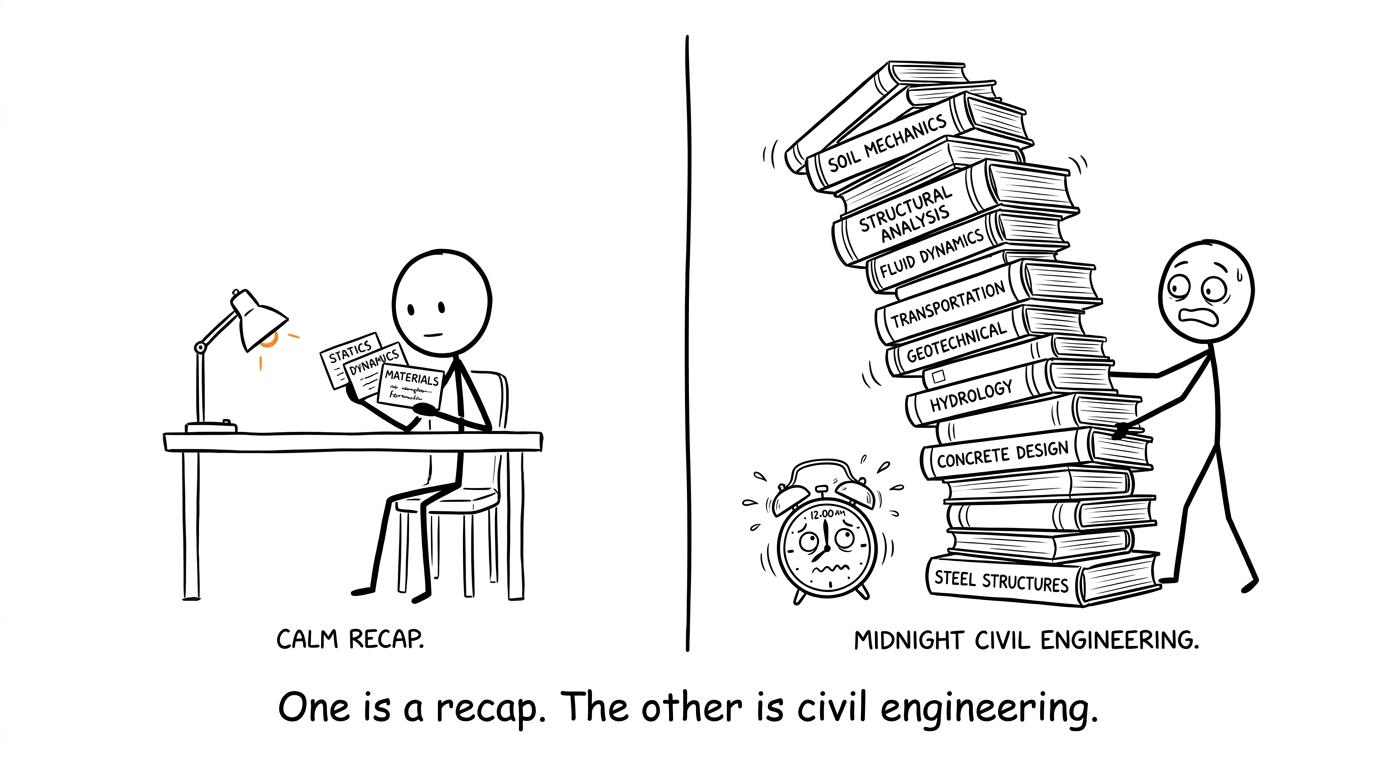 A calm recap competes with a midnight textbook tower