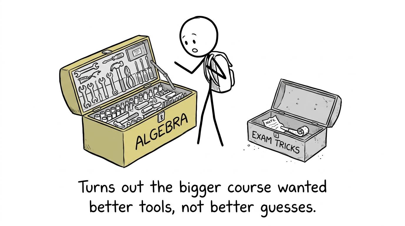 A student finding many useful algebra tools and almost no exam tricks