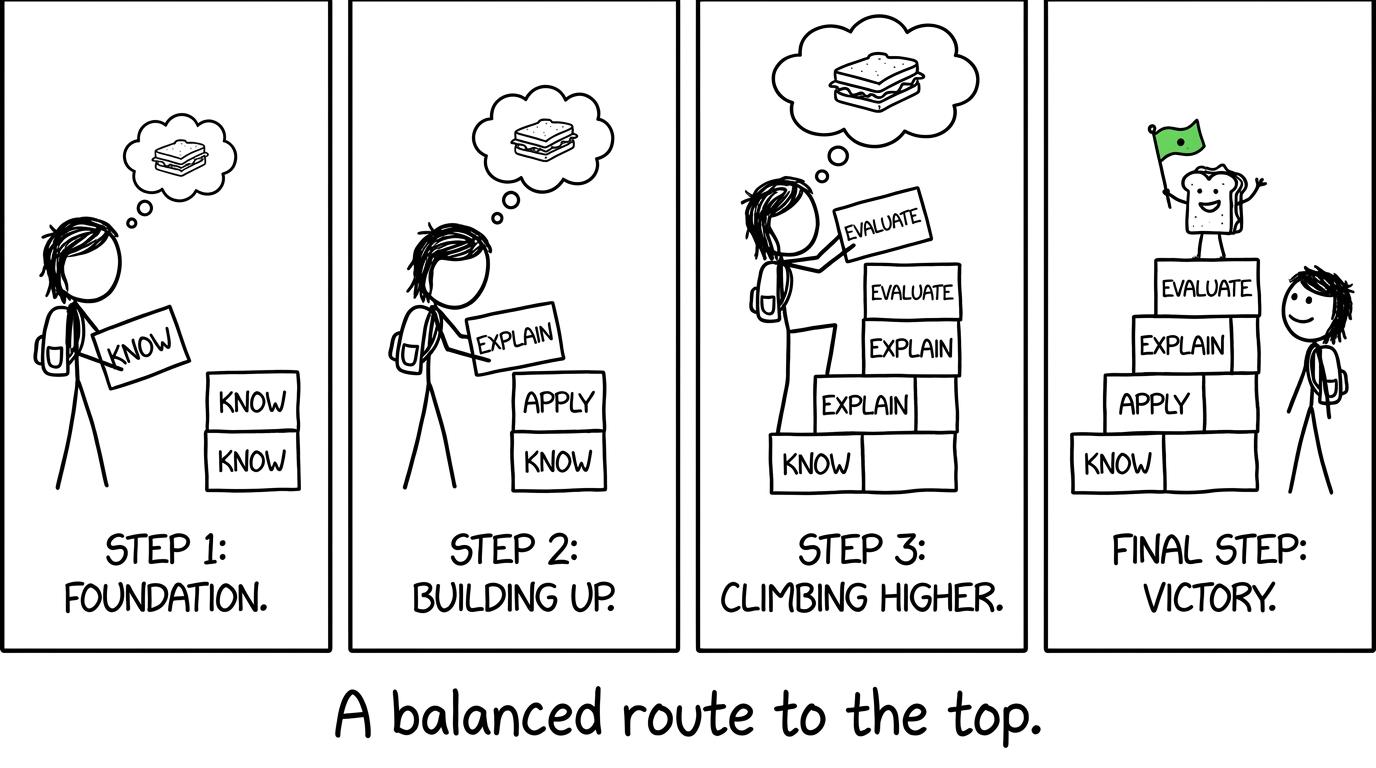 A student climbs revision blocks labelled Know, Apply, Explain and Evaluate towards a flag-waving sandwich