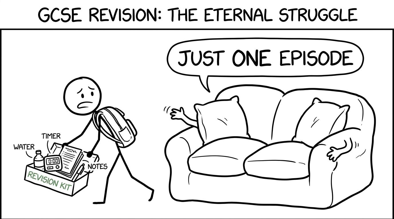 A student carrying a revision kit while a sofa attempts to offer one more episode