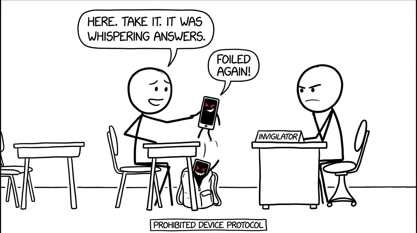 A student's phone portrayed as a sneaky villain being safely handed to an invigilator