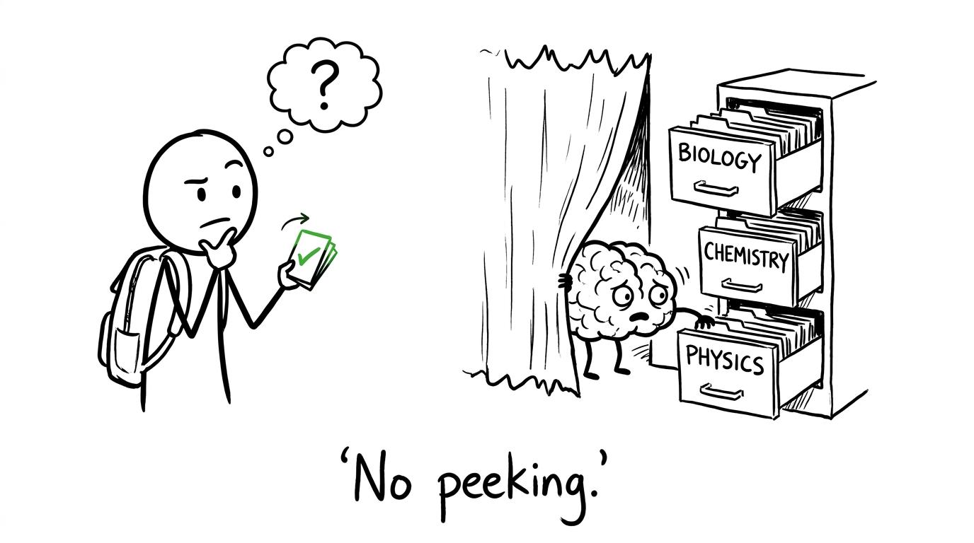 A brain searching Biology, Chemistry and Physics filing cabinets during active recall