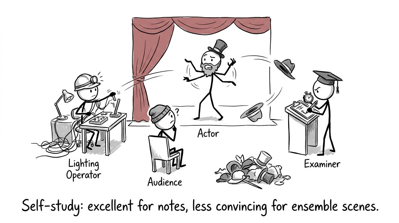 One learner attempting to perform every theatre role during self-study
