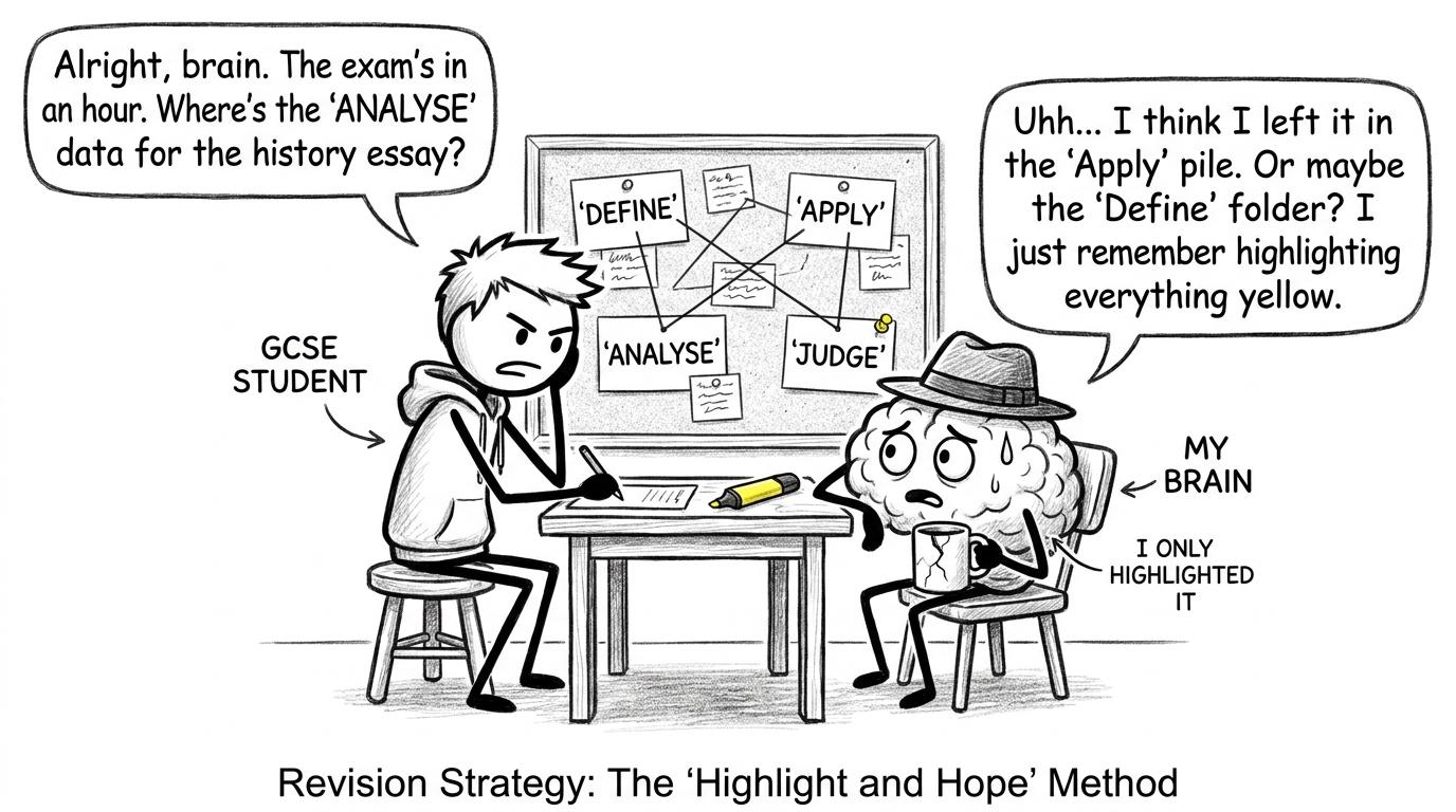 A detective student questions a brain that admits it only highlighted the notes