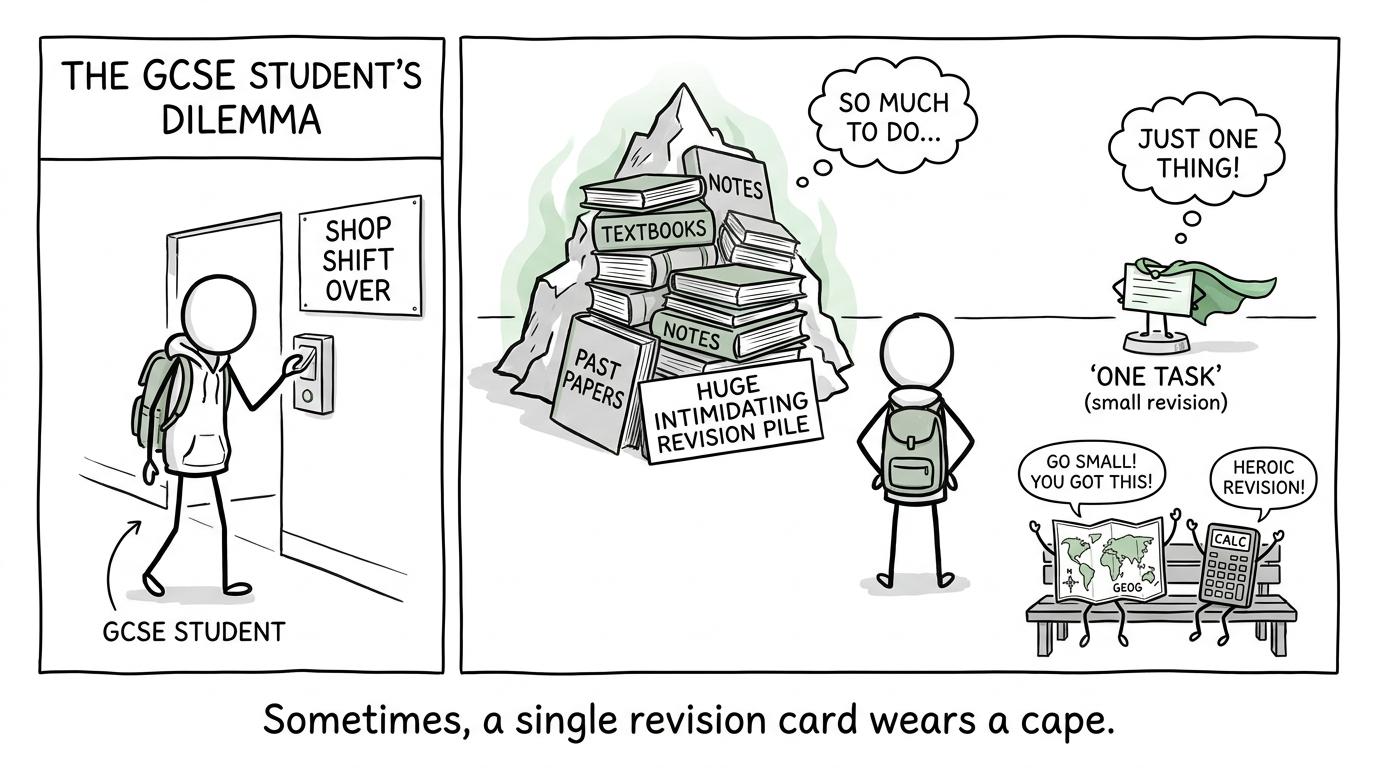 A tiny revision task in a cape defeats an intimidating book mountain