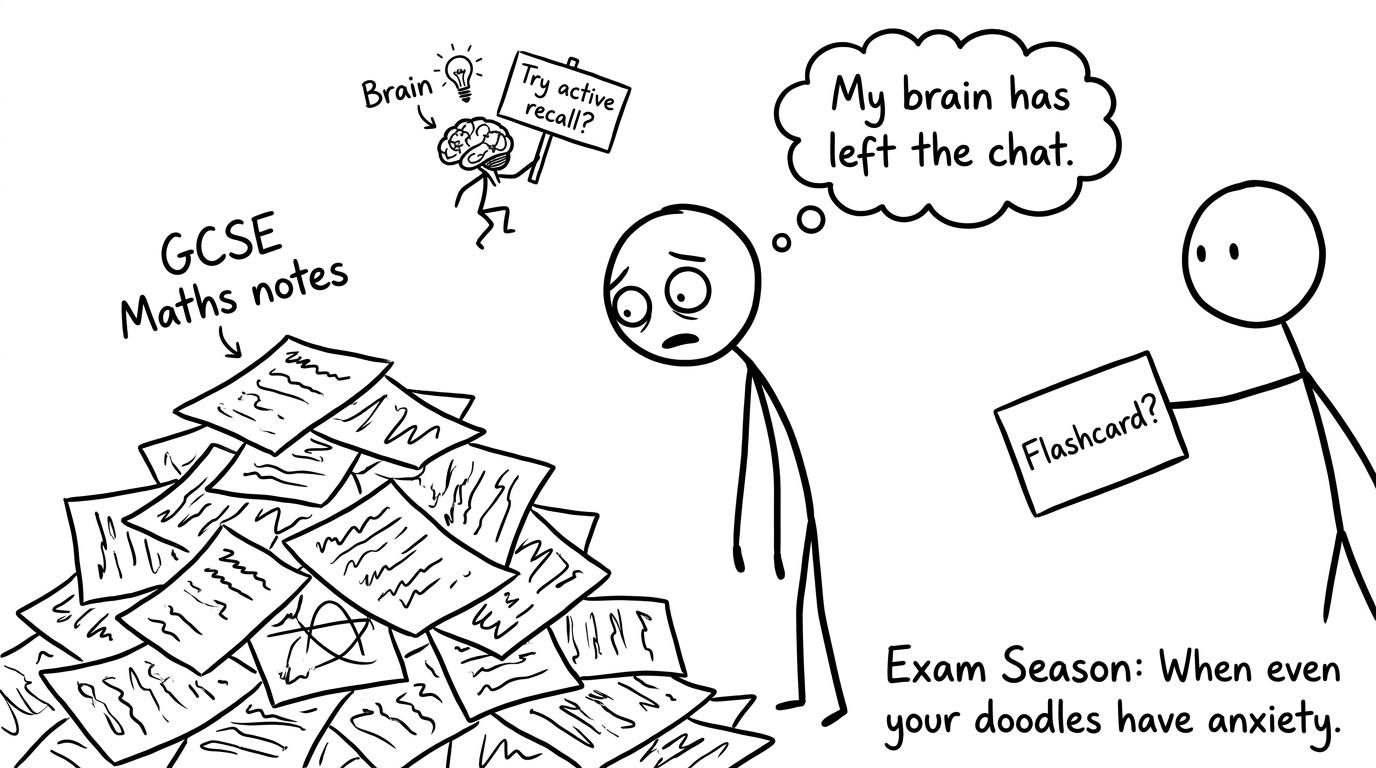 A student staring at a huge messy pile of revision notes labelled "GCSE Maths notes" while a tiny stick-figure "Brain" holds up a sign: "Try active recall?" Another stick figure offers a flashcard.
