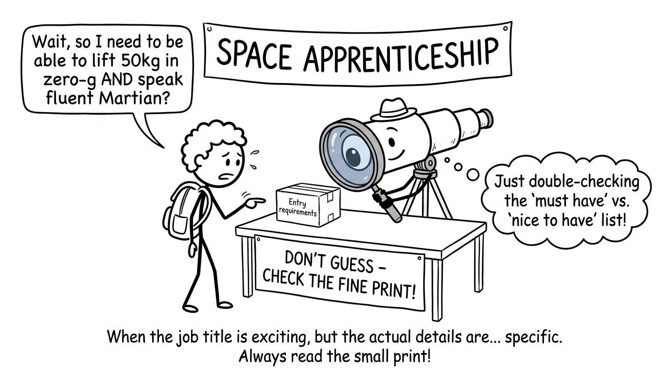 A student and telescope inspect the small print on a space apprenticeship vacancy