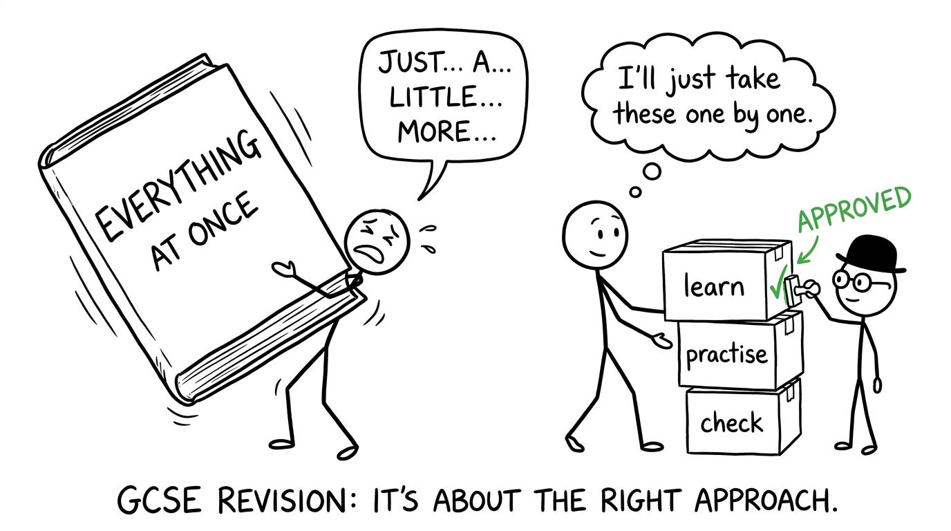 One student lifting everything at once while another carries small learn, practise and check boxes