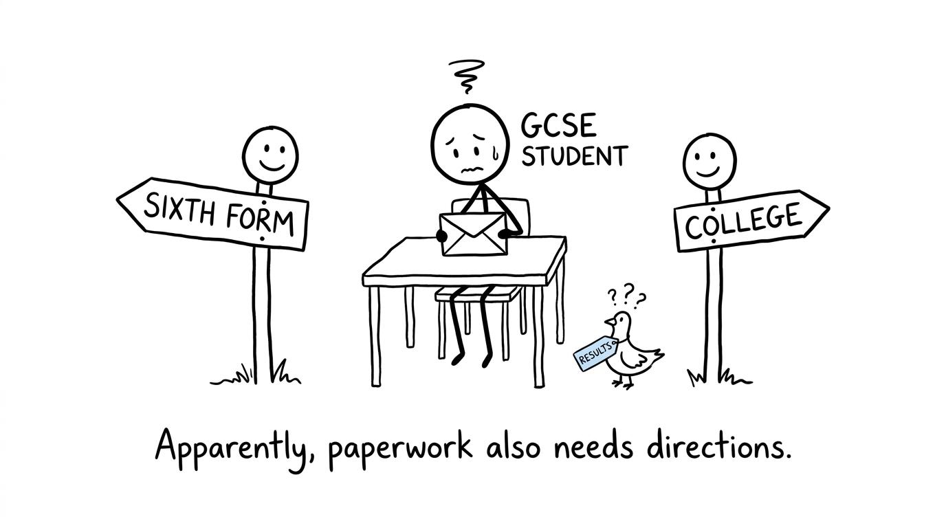 A confused results-day carrier pigeon choosing between sixth form and college