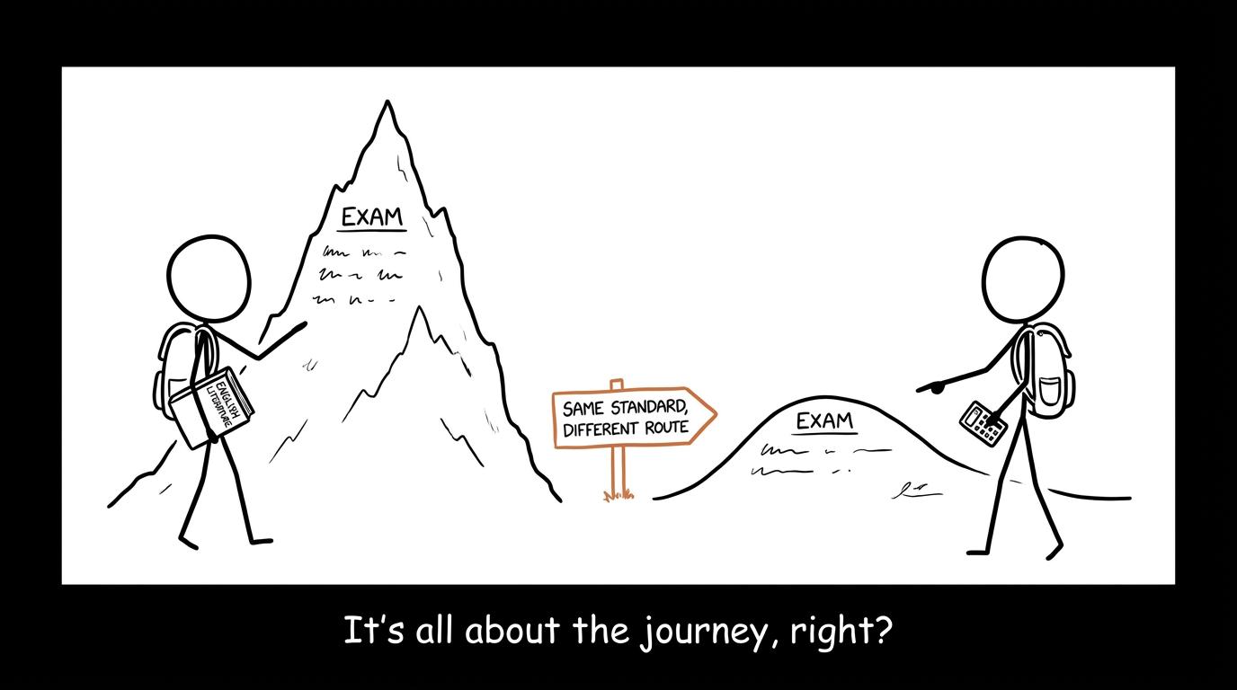 Two students discover that different exam papers can be different routes to the same standard