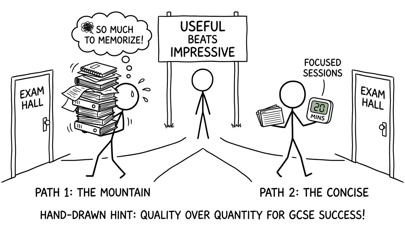 One student carries a mountain of notebooks while another chooses a few useful revision prompts