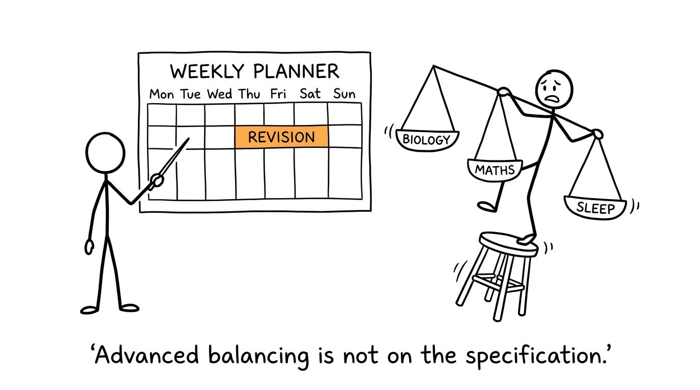 A student balancing Biology, Maths and sleep with a revision planner