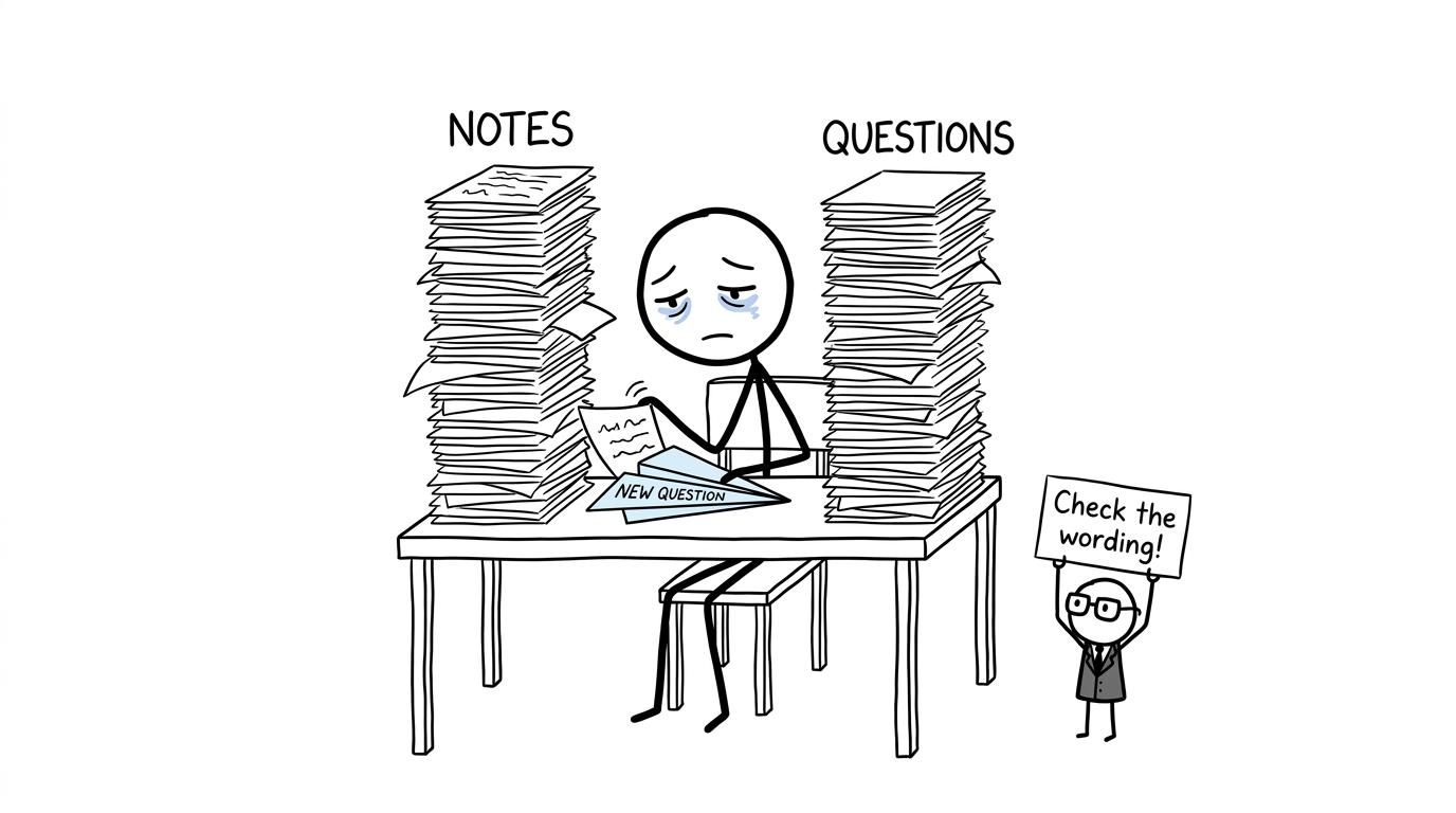 A student turns a tower of notes into a new practice question
