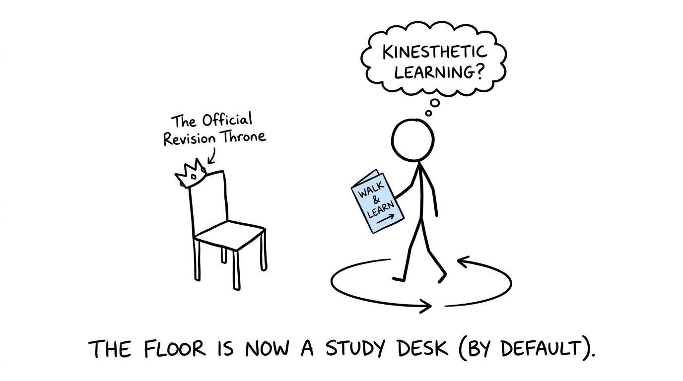 A restless student revises while the abandoned chair becomes the official revision throne