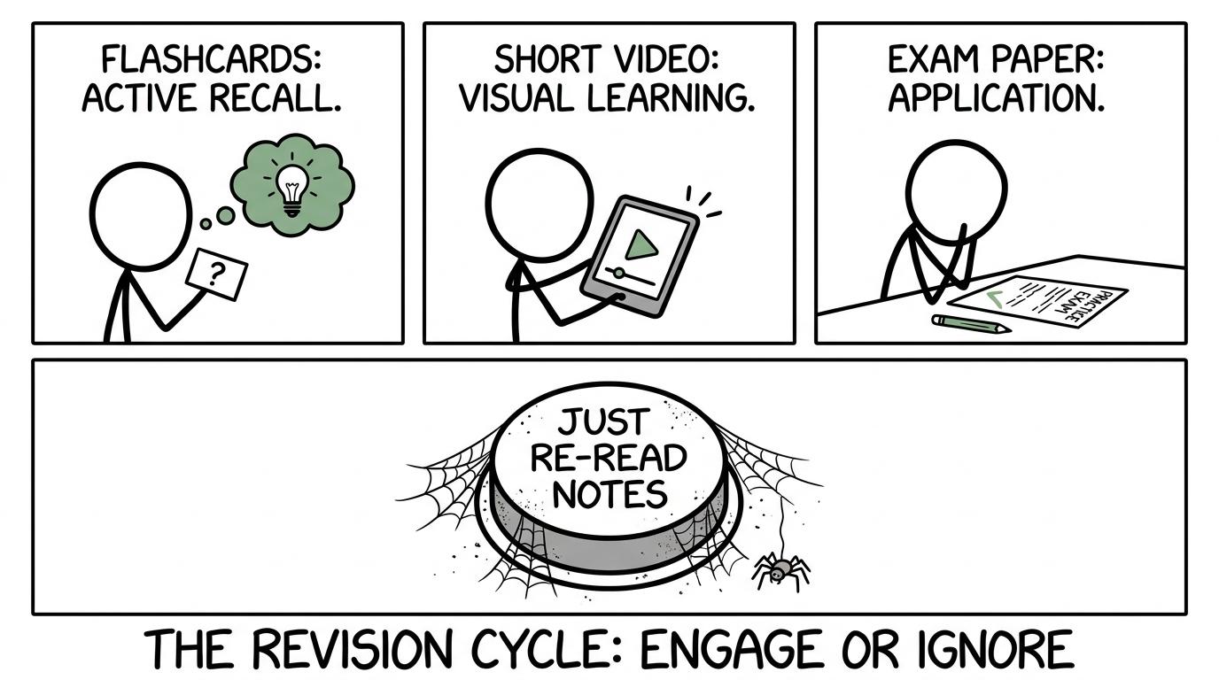 A student rotates between flashcards, videos and papers while passive rereading gathers cobwebs