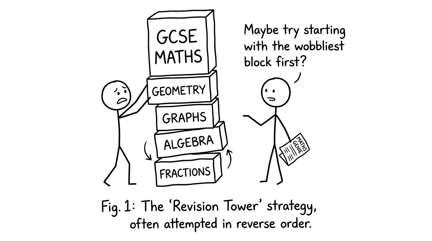 A wobbly revision tower labelled GCSE Maths