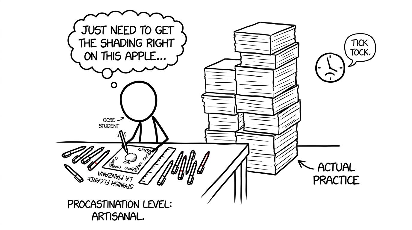 A student perfecting one flashcard while actual practice waits