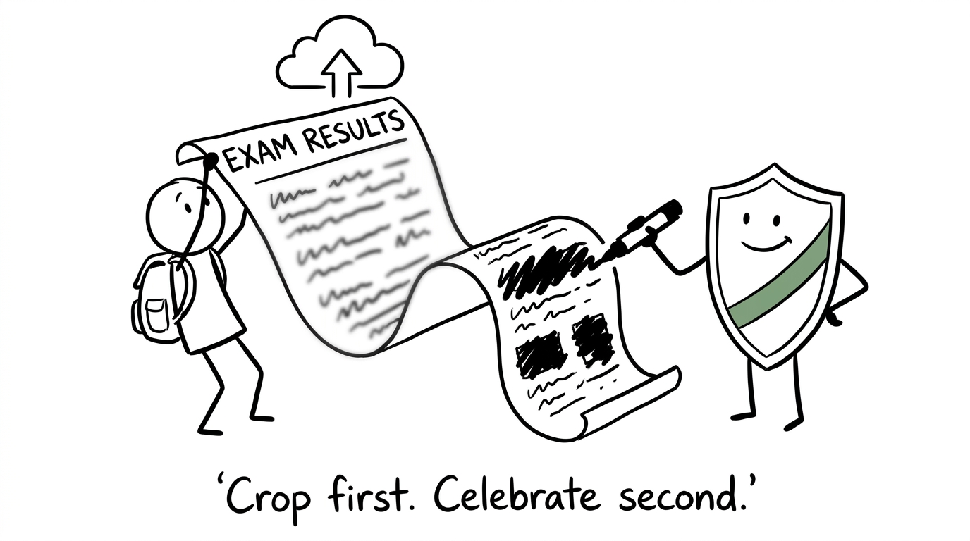 A privacy shield helps a student crop personal details before celebrating online