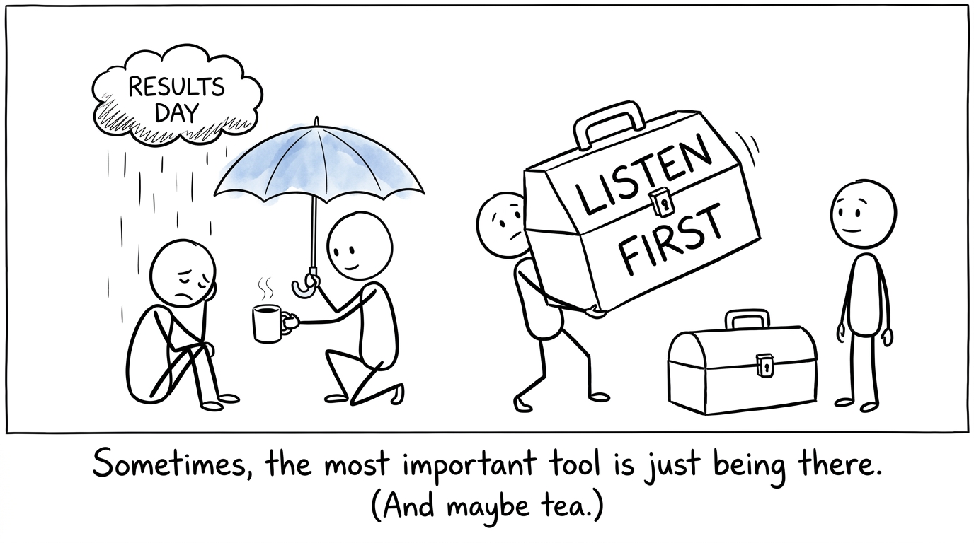 A supportive friend shelters someone from the results-day rain cloud