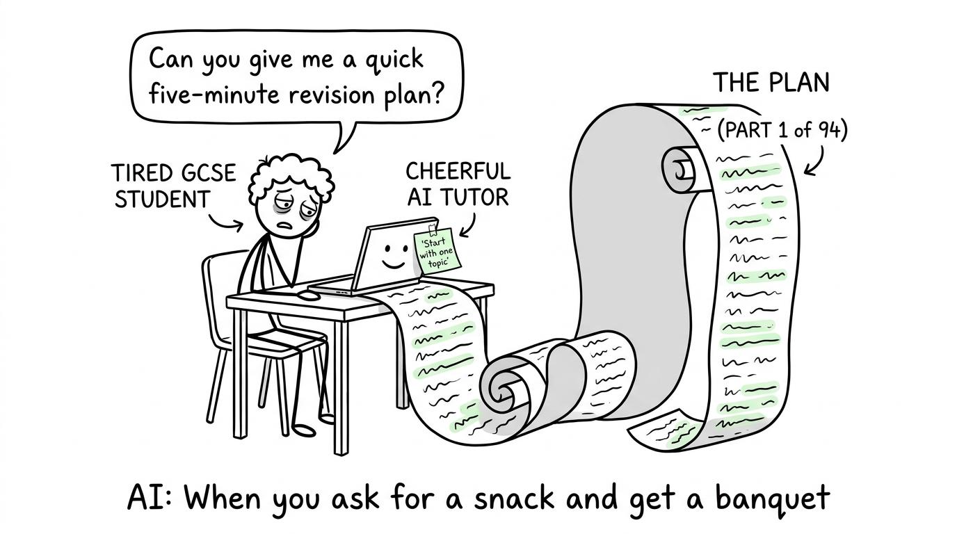 A student receives a comically oversized revision plan from an AI chatbot