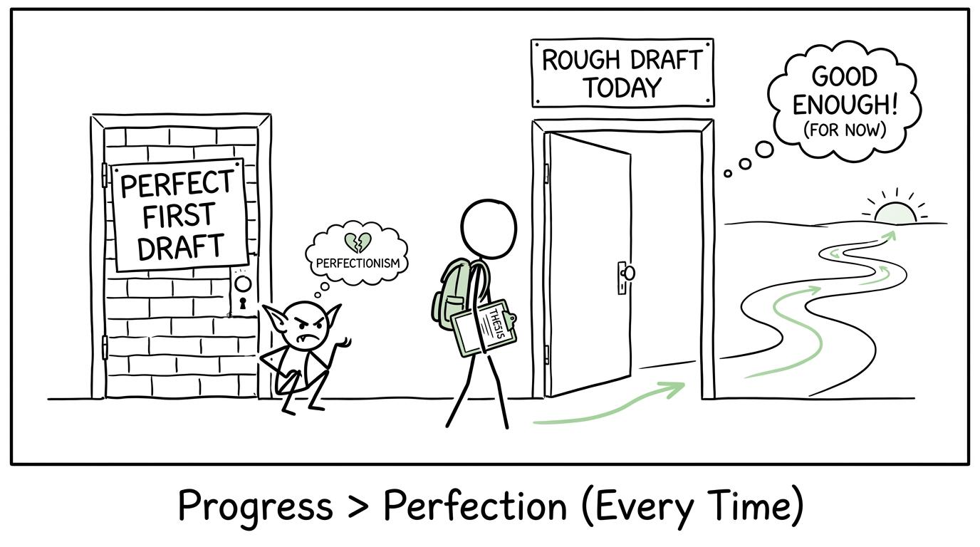 A student chooses the open rough-draft door while perfectionism looks disappointed